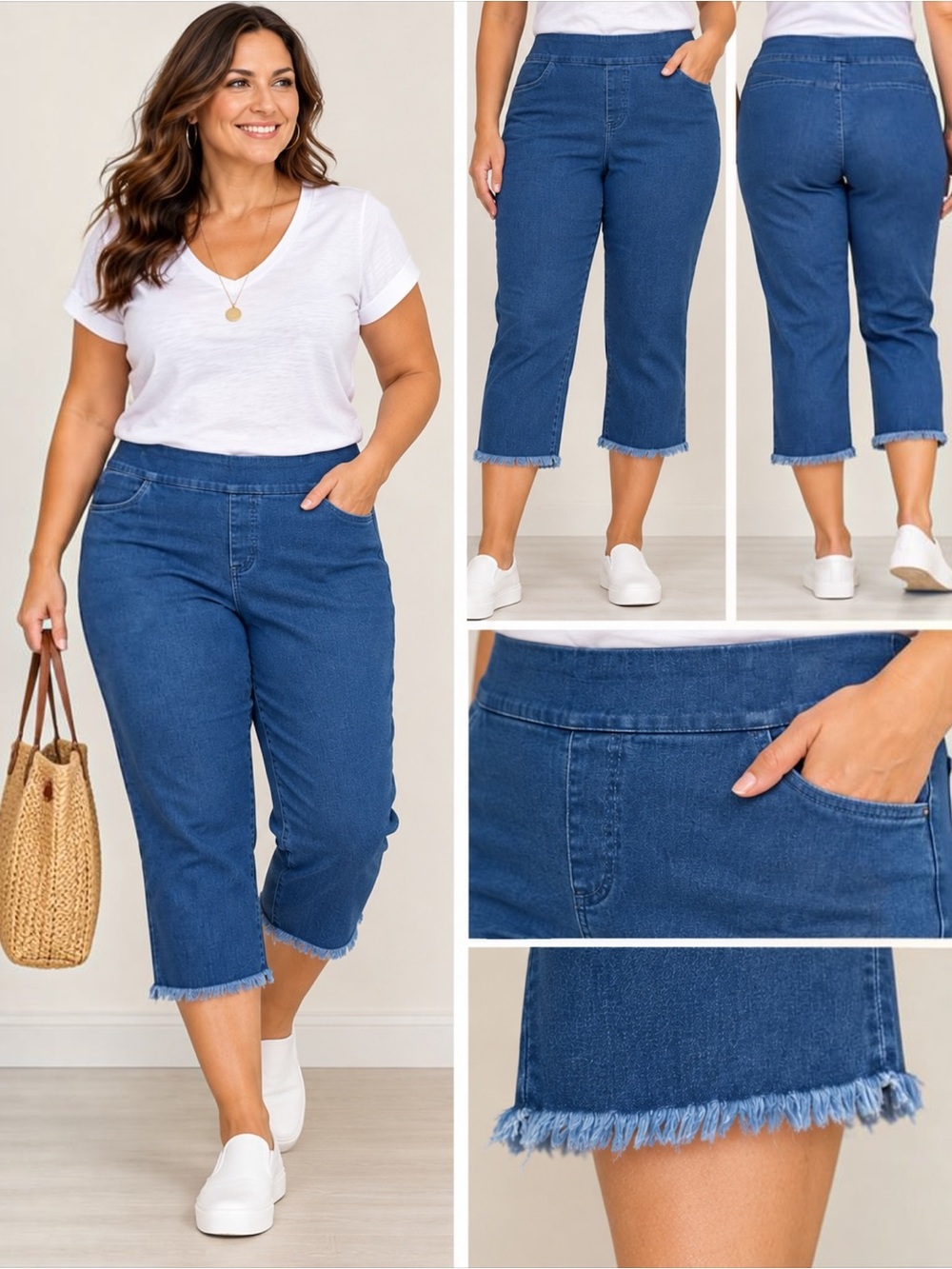 NWT Alfred Dunner Allure Denim Capri Jeans Size 18 Stretch Pull On Frayed Hem